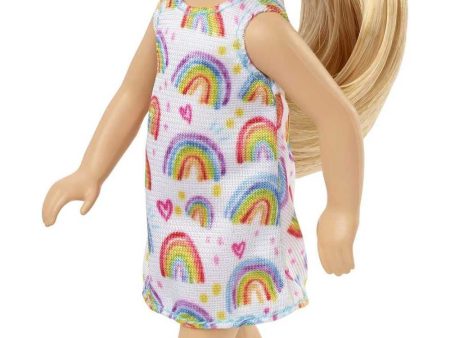 Barbie Chelsea Doll (Blonde) Wearing Rainbow-Print Dress and Yellow Shoes on Sale