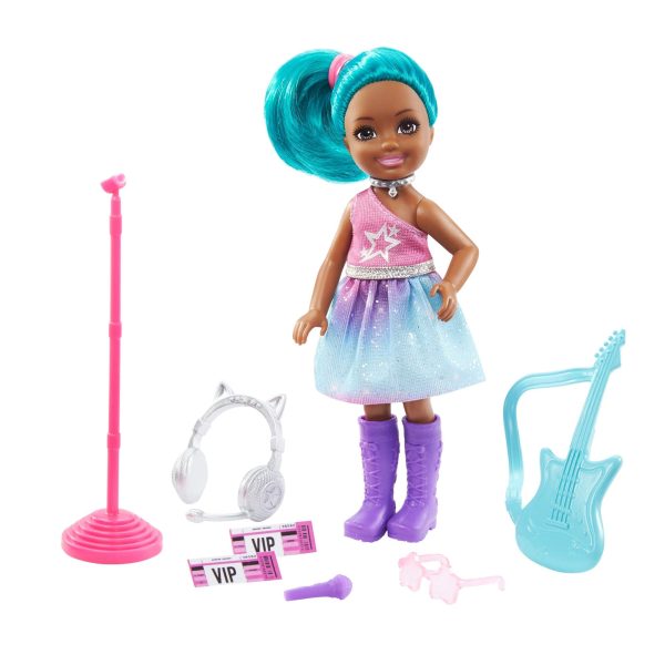 Barbie Chelsea Can Be Playset with Brunette Chelsea Rockstar Doll (6-in), Guitar, Microphone, Headphones, 2 VIP Tickets, Star-Shaped Glasses Supply