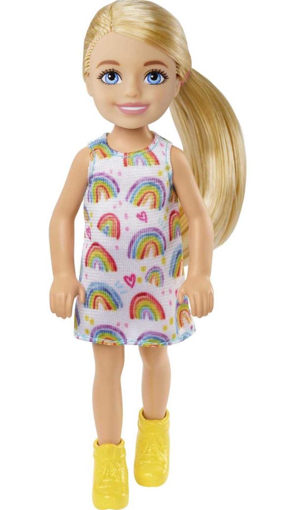 Barbie Chelsea Doll (Blonde) Wearing Rainbow-Print Dress and Yellow Shoes on Sale