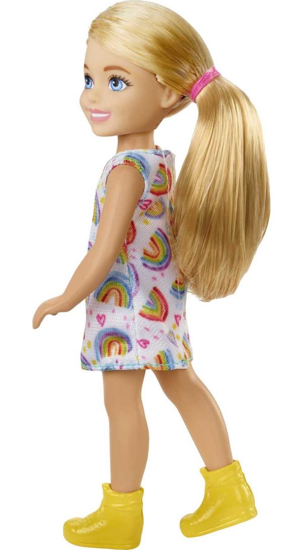 Barbie Chelsea Doll (Blonde) Wearing Rainbow-Print Dress and Yellow Shoes on Sale