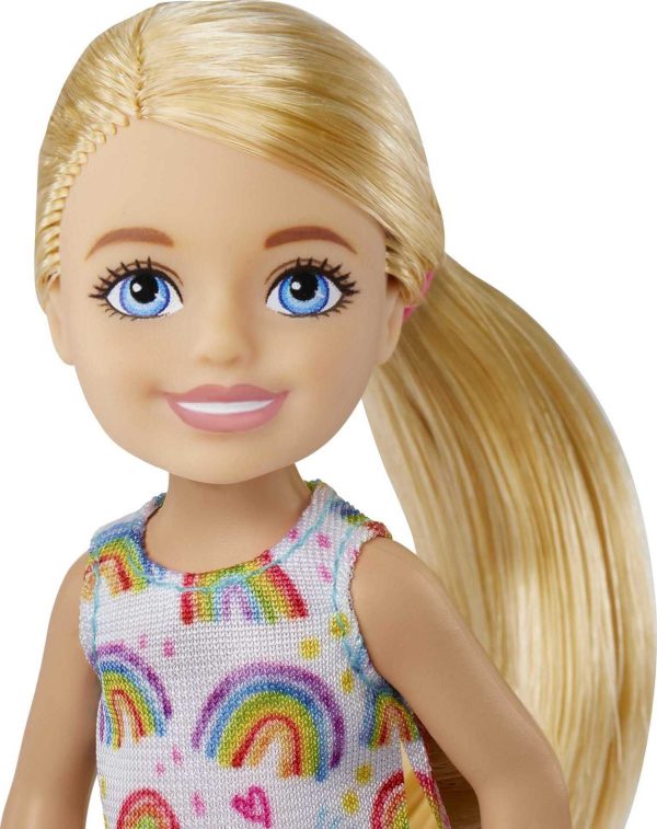 Barbie Chelsea Doll (Blonde) Wearing Rainbow-Print Dress and Yellow Shoes on Sale